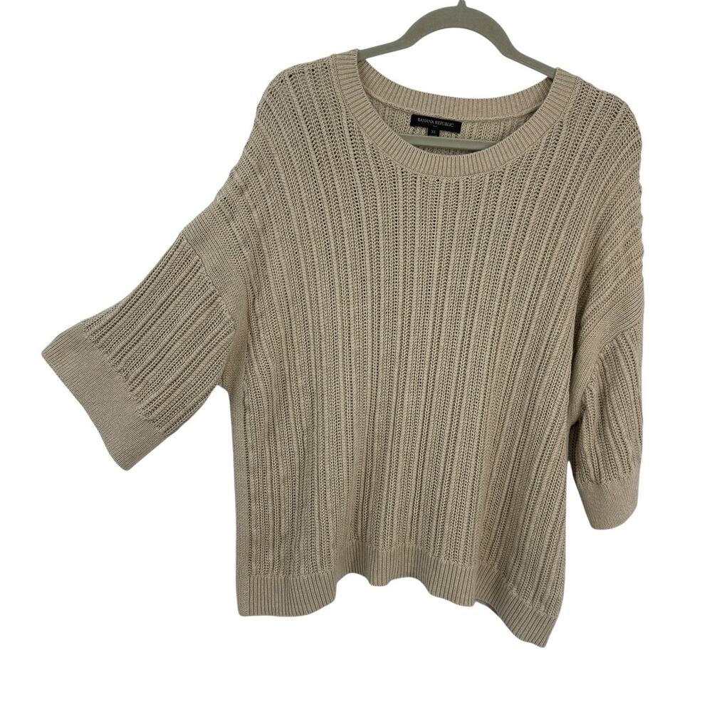 Banana Republic Short Sleeve Oversize Open Stitch Sweater XL Beige Crewneck Top